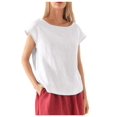 thumbnail image 1 of JUNWELL Lin à la Mode des Femmes Casual Ample Mode à Manches Courtes T-shirt Couleur Unie Col Rond Top, 1 of 7