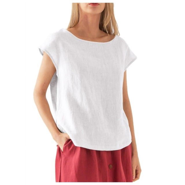 JUNWELL Lin à la Mode des Femmes Casual Ample Mode à Manches Courtes T-shirt Couleur Unie Col Rond Top