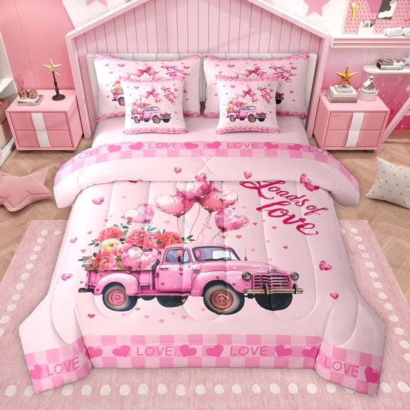 Homewish Romantic Valentine'S Day 7-Piece Twin Bedding Sets,Love Balloon Rose Bedding Comforter Set,Pink Tairy Tale Theme Sheet Sets For Girl Teens,Microfiber Bedroom Decor Reversible