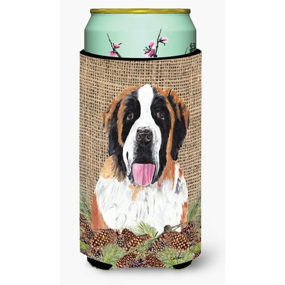 Saint Bernard Faux Burlap and Pine cones Tall Boy Hugger