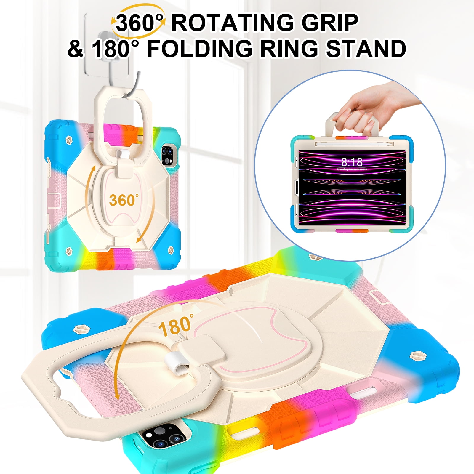 Shockproof Case for Apple iPad Air 13 M2 2024, Build in Pencil Holder Rotating Stand Shoulder Strap Bumper Shockproof Rugged Kids Friendly Case Cover for iPad Air 13 Inch M2 2024, Colorful