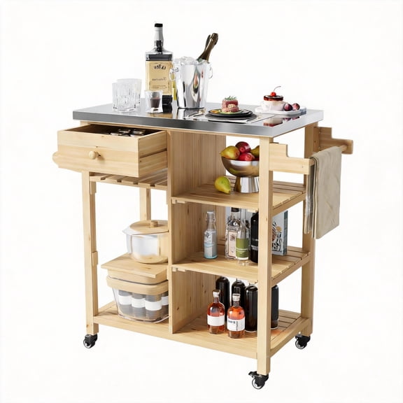 Garvee Rolling Grill Cart Storage Cabinet, Wooden Grill Cart, Stainless Steel Top, Oak