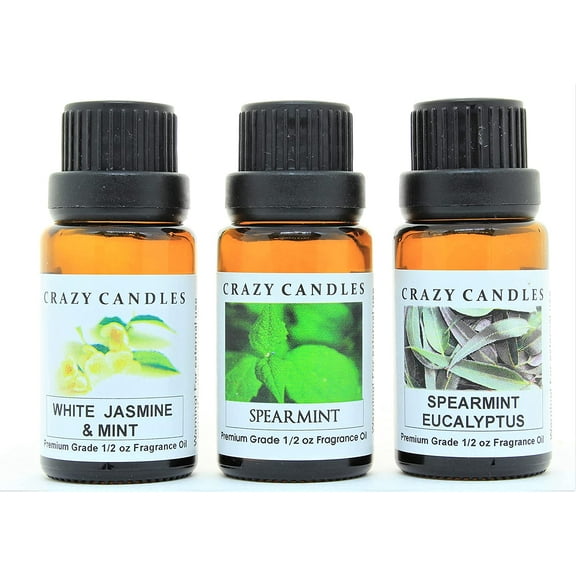 3 Bottles Set, 1 White Jasmine & Mint, 1 Spearmint, 1 Spearmint Eucalyptus 1/2 Fl Oz Each (15ml) Premium Grade Scented Fragrance Oils by Crazy Candles