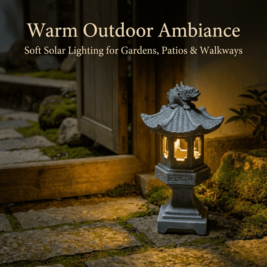 Japanese Resin Pagoda Lantern Garden Statue - Solar Outdoor Zen Garden Decor