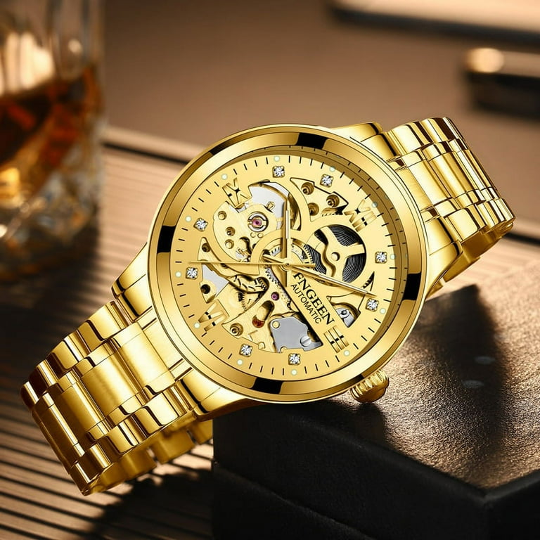 Fngeen Gold Automatic Watch Men Stainless Steel Strap Skeleton