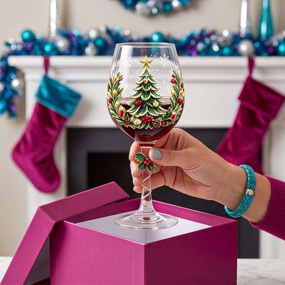 Linargent Multicolor Hand Decorated Rim Crystal Christmas Wine Glasses Festive Stemmed Goblets for Holiday Red White Wine Table Decor