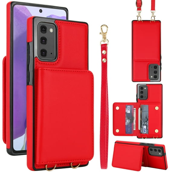 For Samsung Galaxy Note 20 Phone Case Wallet Card Holder,RFID Blocking PU Leather Back Magnetic Flip Kickstand Folio Case Wrist Lanyard & Crossbody Strap Protective Women Girls Cover,Red