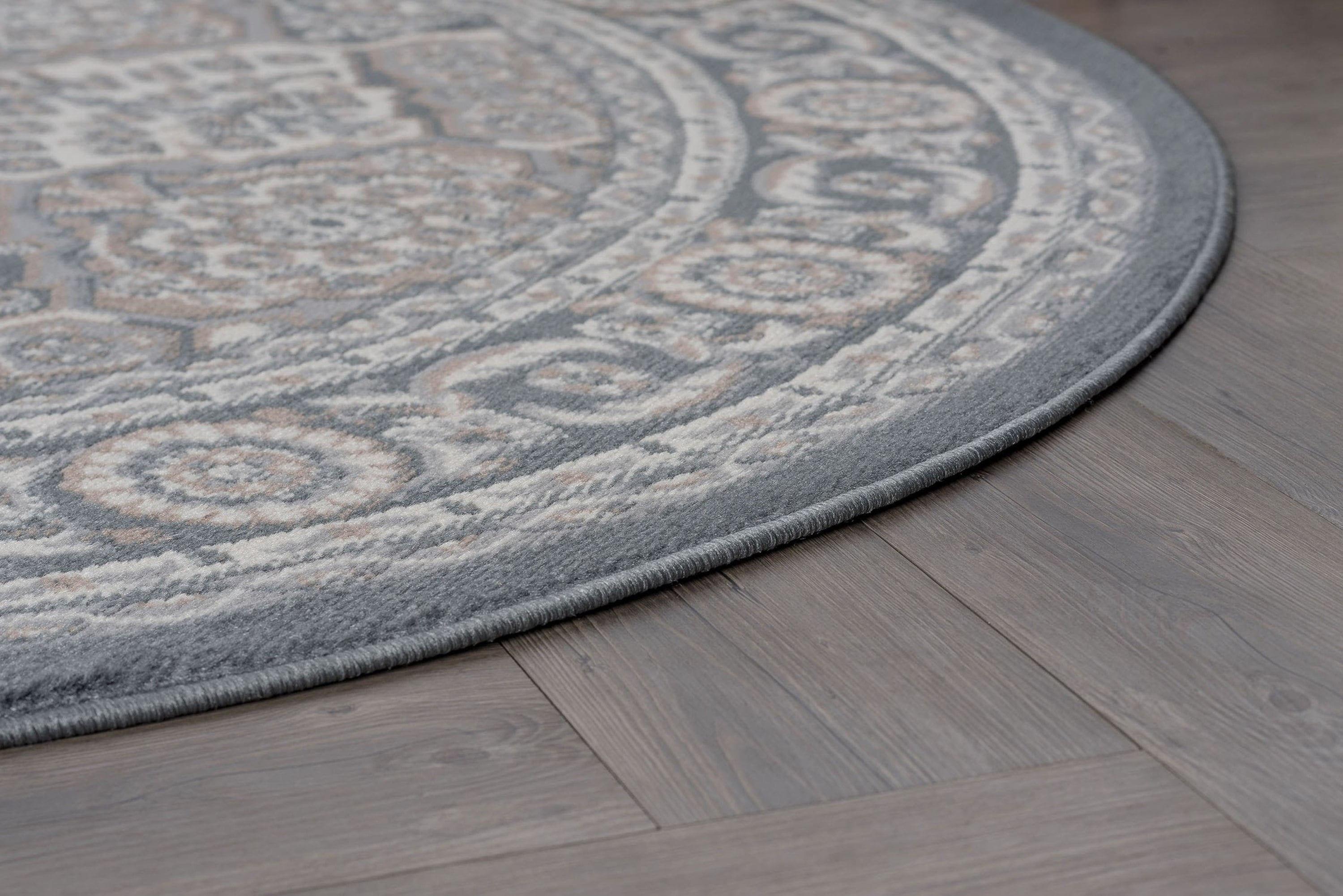 Hampton Traditional 8' Round Gray and Cream Polypropylene Indoor Area Rug