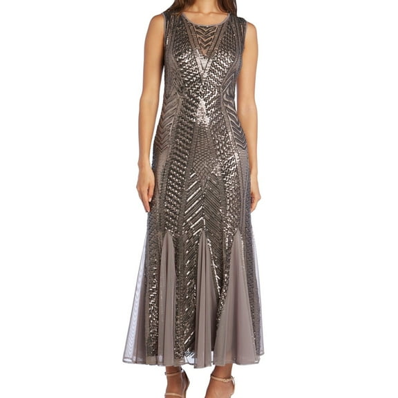 R & M Richards Womens Godet Sequined Gown Dress, Brown, 8