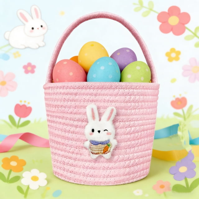 Cotton Storage Basket Pink Cotton Easter Basket with Rabbit Design, for Candy Eggs and Party Decorations Rkxzt