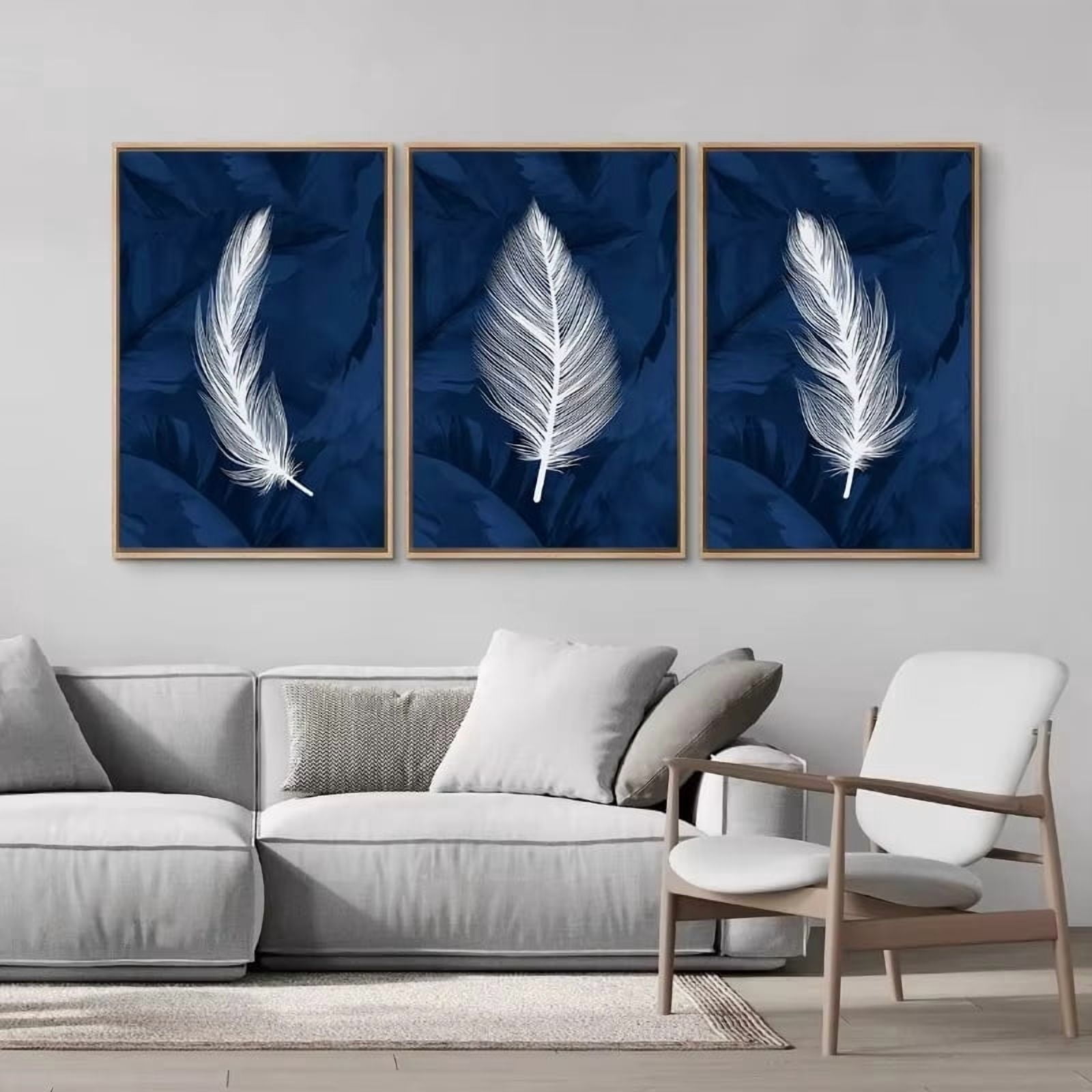 3pcs White Feather Canvas Prints, Modern Minimalist Navy Blue Wall Art, Frameless Landscape Theme Posters for Living Room Bedroom Home Decor