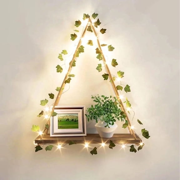 OFEFE Artificial Ivy Led Strip Wall Hanging Shelf,Hanging Wall Shelf,Macrame Shelf for Bedroom Living Room Kitchen, Wood Hanging Plant Shelves