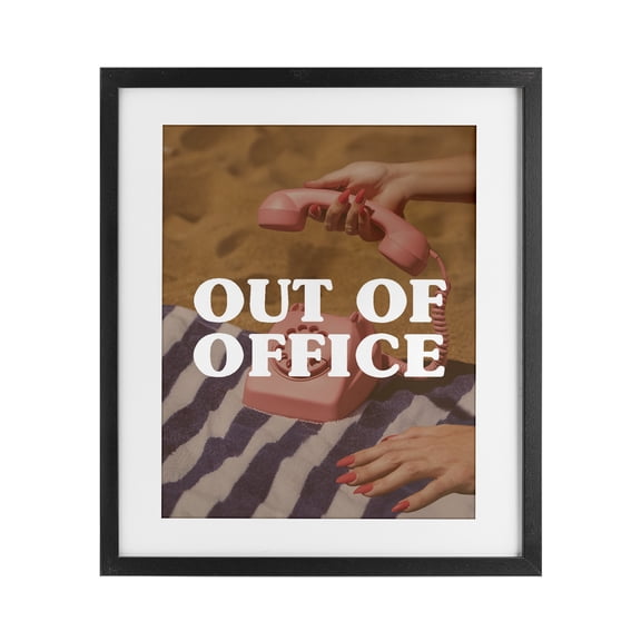 Out of Office Pink Phone Black Framed Print Under Glass, design by Lil' Rue