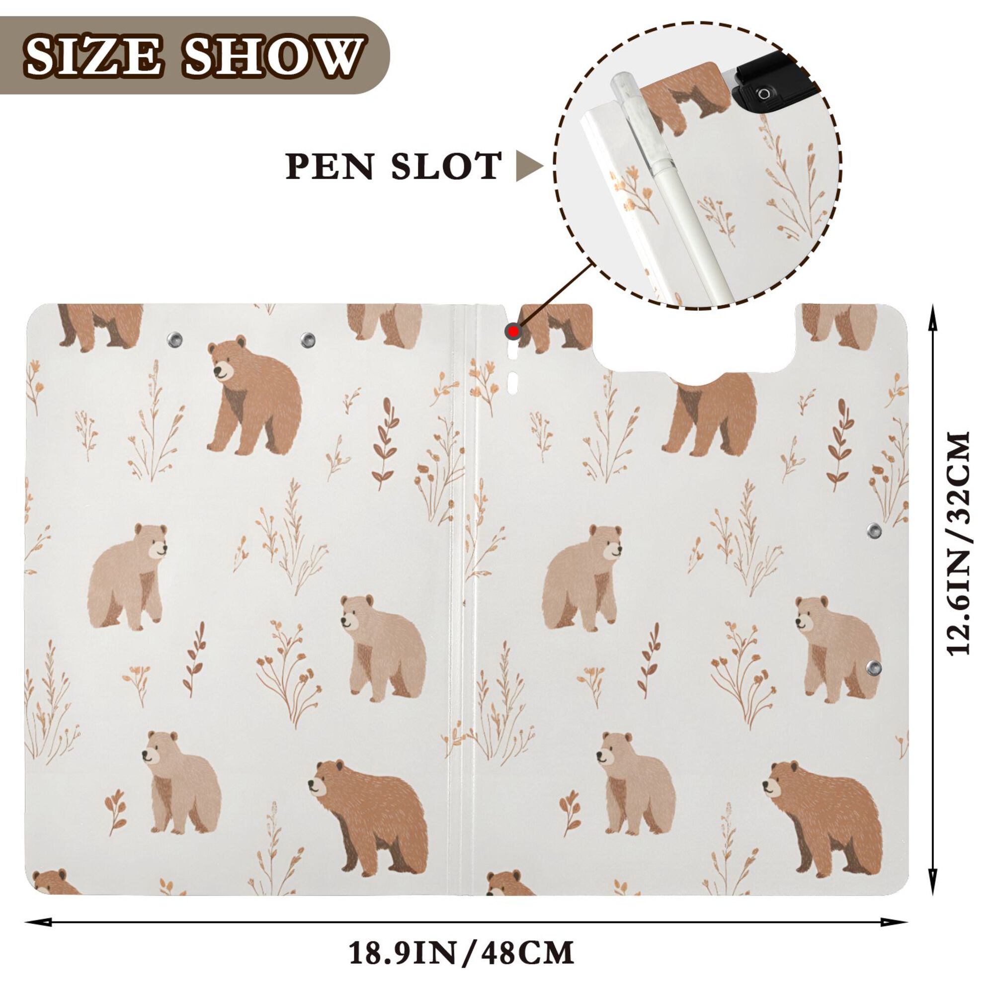 FORMRS A4 Clipboard Folder with Pen Holder Horizontal Foldable School Office Binder, Gray Bears