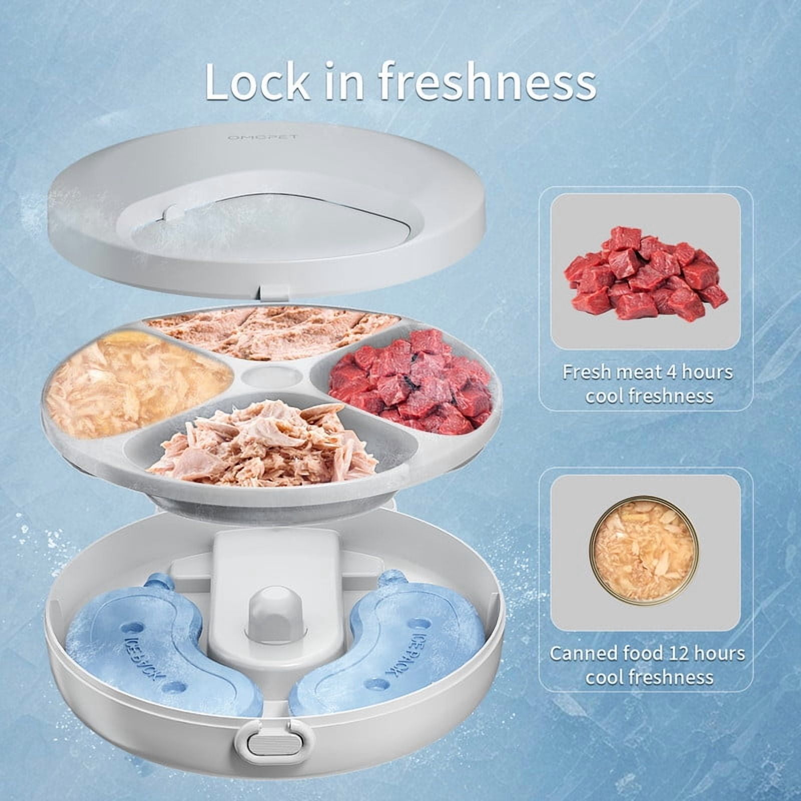 CATLK Automatic Cat Feeder Wet Food, Refrigerated Auto Cat Feeder with 2 Ice Packs, 4 Meals 8oz Dry & Wet Food, 12/24H Timer for Cats and Small Dogs, White