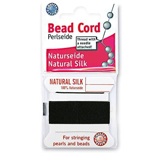 Griffin Silk Bead Cord Perlseide – Black Color – Size 7 (0.75mm) – 2 Meters per Card – Stainless Steel Needle Attached – for Knotting Pearls, Gemstones, Crystals and Beads