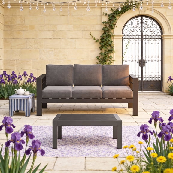 KIOOTTO 75" Urban Monochrome Outdoor Sofa & Coffee Table Set, 2-Piece Modern Gray Patio Conversation Set, All-Weather Metal Lounge Furniture for Balcony & Deck