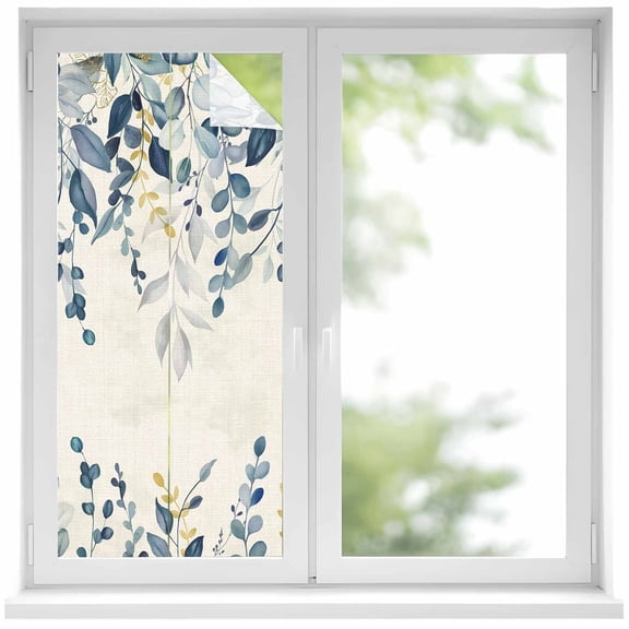 Navy Blue Eucalyptus Window Privacy Film, Farmhouse Weeping Leaves Linen Static Cling UV Sun Blocking Heat Control Window Tint Day and Night, Non-Adhesive One Way Windows Privacy Cover 19.6''x39.3''