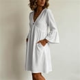 thumbnail image 7 of Vivianyo HD Women's V-Neck Single Button Midi Dress, 3/4 Bell Sleeve Solid Loose Casual Dresses with Side Pocket for Women, Women's White, Sizes S-2XL, 7 of 7