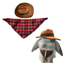 Cute Rabbit Cowboy Hat and Scarf Set, Pet Bunny Cat Small Dog Western Costume Hat and Bandana Outfit (Coffee-Red Checkered)