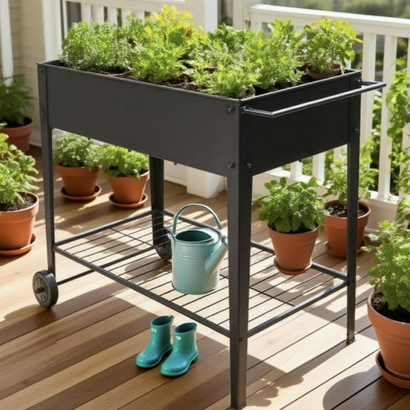 Metal Raised Garden Bed with Wheels, SUREGO Black Planter Box for Indoor & Outdoor, Perfect for Flowers, Vegetables, Durable, Drainage System & Storage Shelf