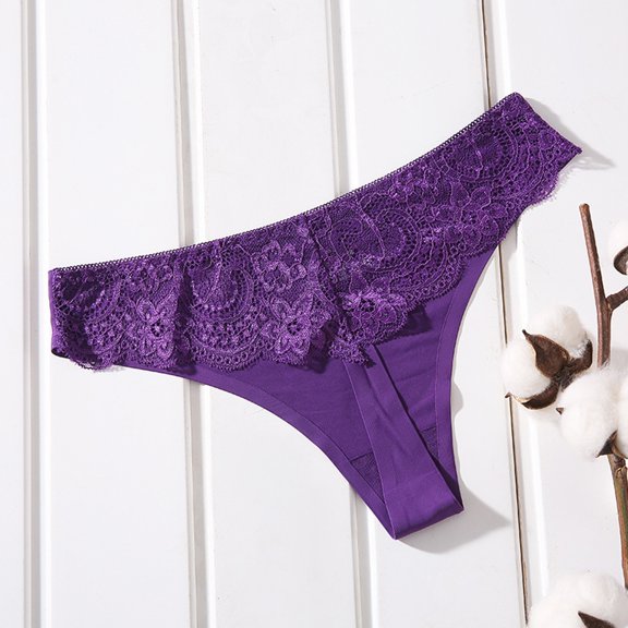 Lace Thong Panties for Women Low Waist Hollow Out Through Design, M, Purple
