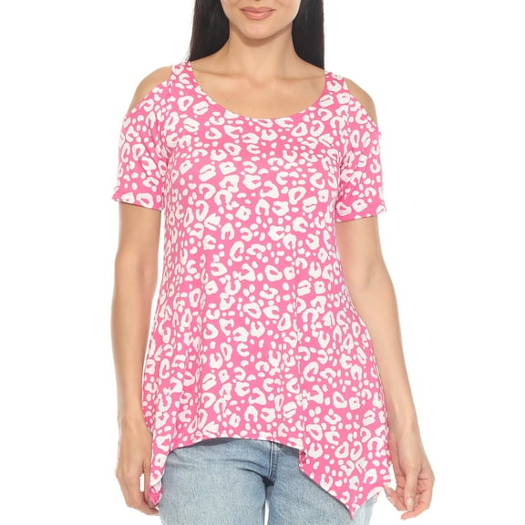 White Mark Short Sleeve Cold Shoulder Leopard Print Tunic Top, Women's, S-XL