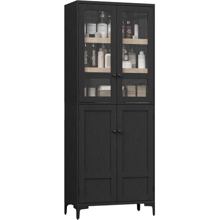 Hetoy 71-Inch Tall Storage Cabinet Kitchen Food Cabinet 5-Shelf Bathroom Cabinet Glass Door with 4-Door Adjustable Shelves for Kitchen Dining Room Bathroom Black
