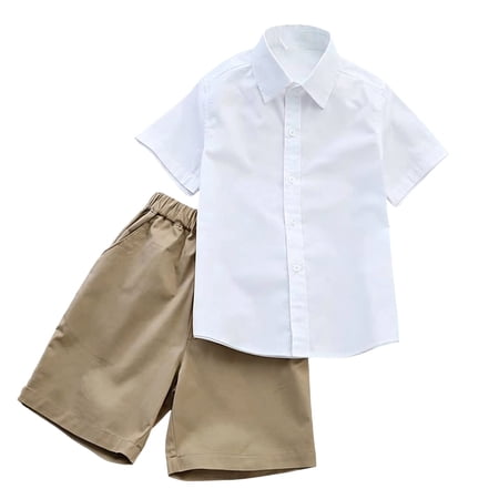 Kids 2-Piece School Uniform Set Short Sleeve Button Down White Dress Shirt & Elastic Waist Shorts formal Casual Outfit for Boys & Girls Size 110-170 Khaki