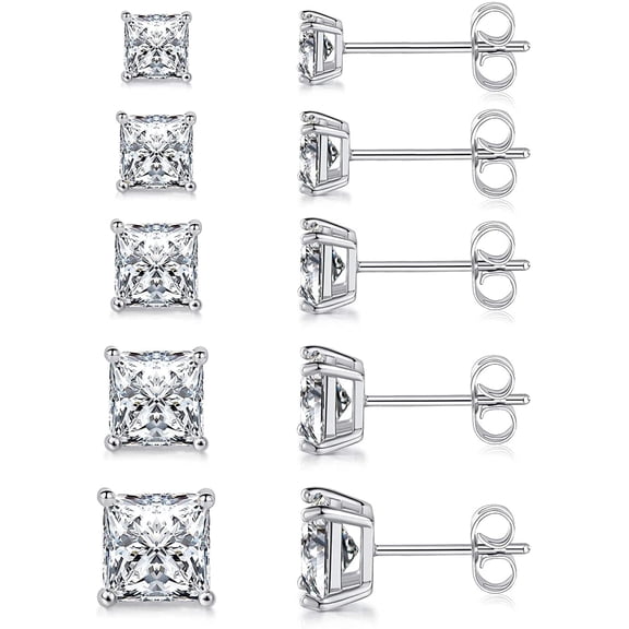 GEMSME Stud Earrings Set of 5 piars for Women Men 18K White Gold Plated 3/4/5/6/7mm Princess Cut Clear Cubic Zirconia