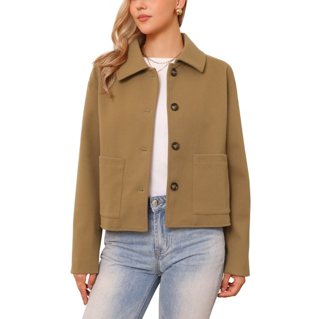 Chaqueta recortada para mujeres, casual, de manga larga, con frente abierto, abotonada, abrigo exterior con bolsillos, XS, color camello