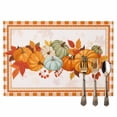 thumbnail image 2 of Happy Thanksgiving Placemats Set of 1 Fall Orange Pumpkins Plaid Wood Texture Heat Insulated Linen Place Mats, Washable Stain-Proof Table Mats for Dining Tables Holiday Decor 13x19inch, 2 of 9