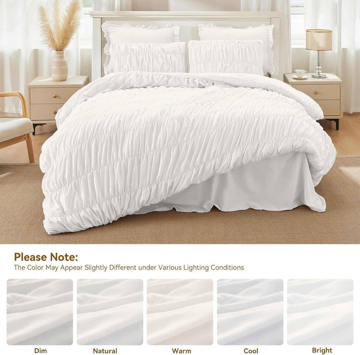 3 Pieces White Ruched Duvet Cover Set Bed Set Boho Shabby Chic Bedding Set for Bedroom Soft Fluffy Ruffle Queen Comforter Cover Set with Pillowcases