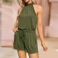thumbnail image 4 of Usmixi Jumpsuits for Women Dressy Casual Drawstring Elastic Waist off Shoulder Pocket Short Jumpsuits Overalls Summer Halter Sleeveless Solid Mini Formal Rompers Army Green xl, 4 of 6