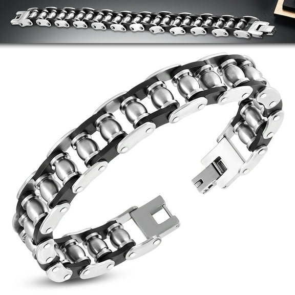 Stainless Steel Silver-Tone Black Rubber Link Mens Bracelet