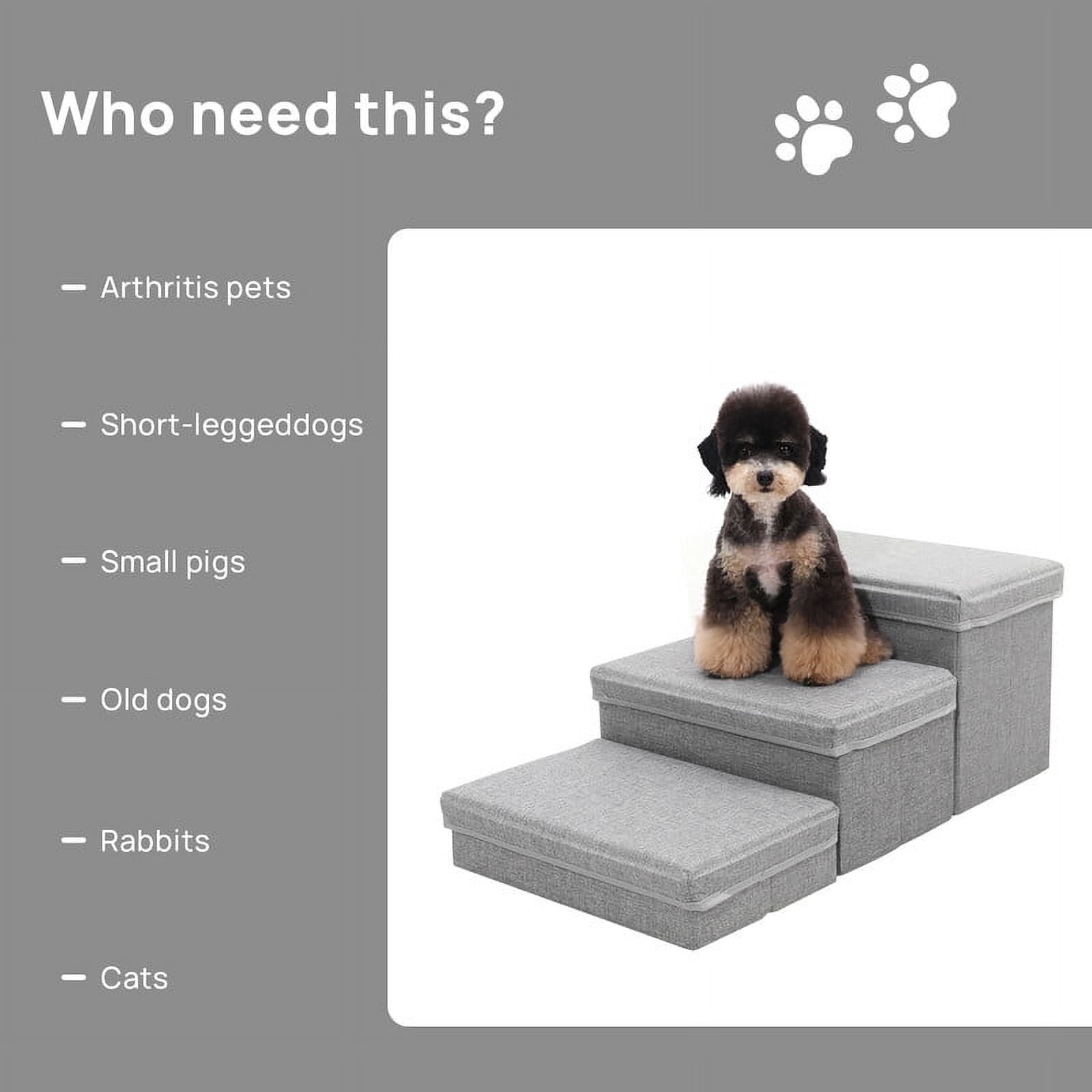 Walnest Pet Stairs 3-Step Dog Step Stairs Pet Ladder Cover Removable Comfortable Dog Ramp with Storage Boxes,Folding Dog Ramp Stairs for Beds Couches,Gray