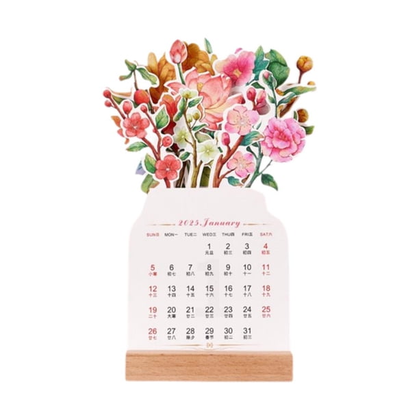 Wartleves Calendario de escritorio con flores en flor 2025, calendario de escritorio floral con base de madera, mini calendario mensual creativo extraíble con forma de jarrón de 12 meses, calendario d