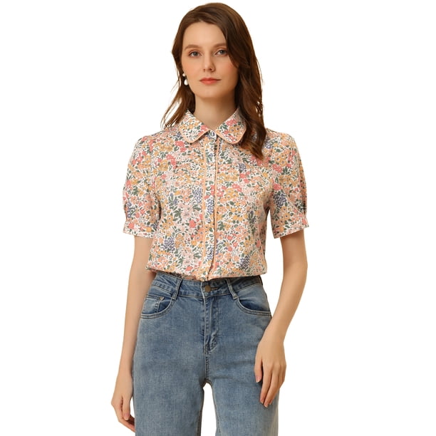 Blusa con cuello Peter Pan para mujer con ribete en contraste y manga farol campesina floral blanco M