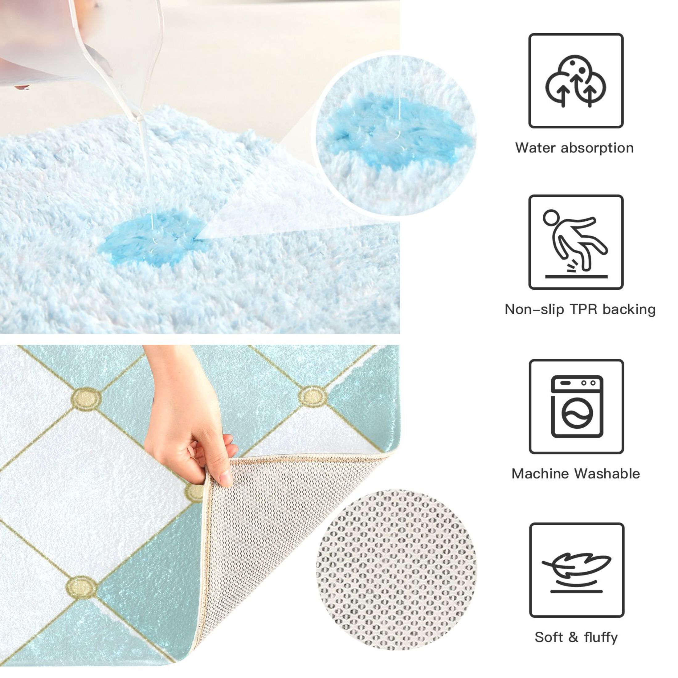 2 Piece Soft Bathroom Rug Set Pastel Teal Diamond Plaid Bath Mat and U-Shaped Toilet Contour Rug (16"x24"+20"x24")