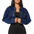 thumbnail image 2 of Veste pour Femmes Mode Automne Cardigan à Boutons Manches Longues Courtes Veste à Fermeture Éclair Bleu Foncé S, 2 of 9