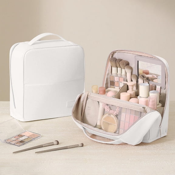 Standing Makeup Bag, Large Capacity Travel Cosmetic Organizer with Divided Compartments, Handheld Storage Case for Brushes Toiletries Beauty Essentials, Vanity Countertop and Trip Use, Beige