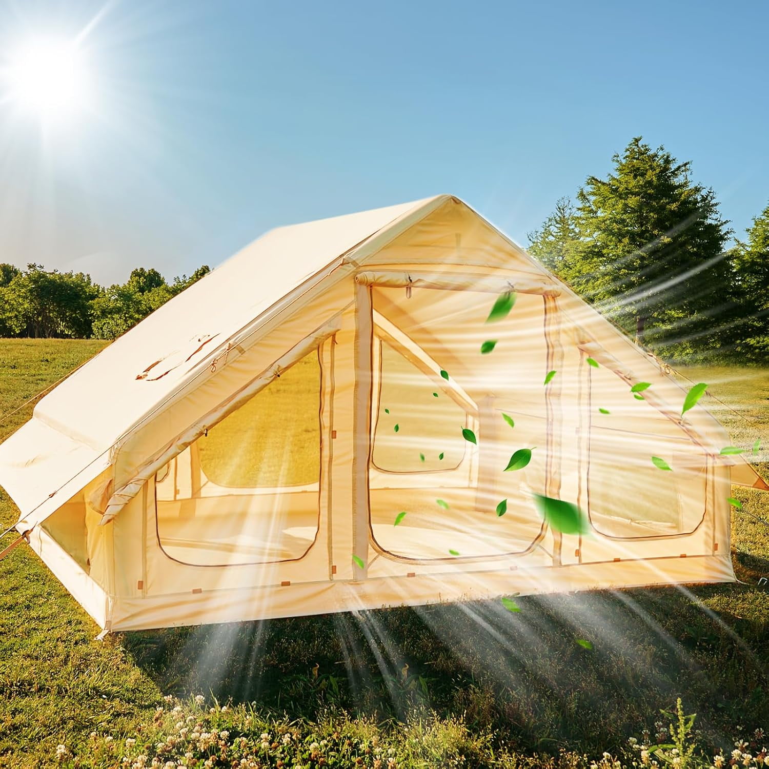 Slsy Inflatable Tents with Canopy for Camping, Blow Up Tent with Hand Pump, Easy Setup Inflatable Hot Tent with Stove Jack, Waterproof Oxford Air Glamping Tents for Camping Adult 4-6 Person