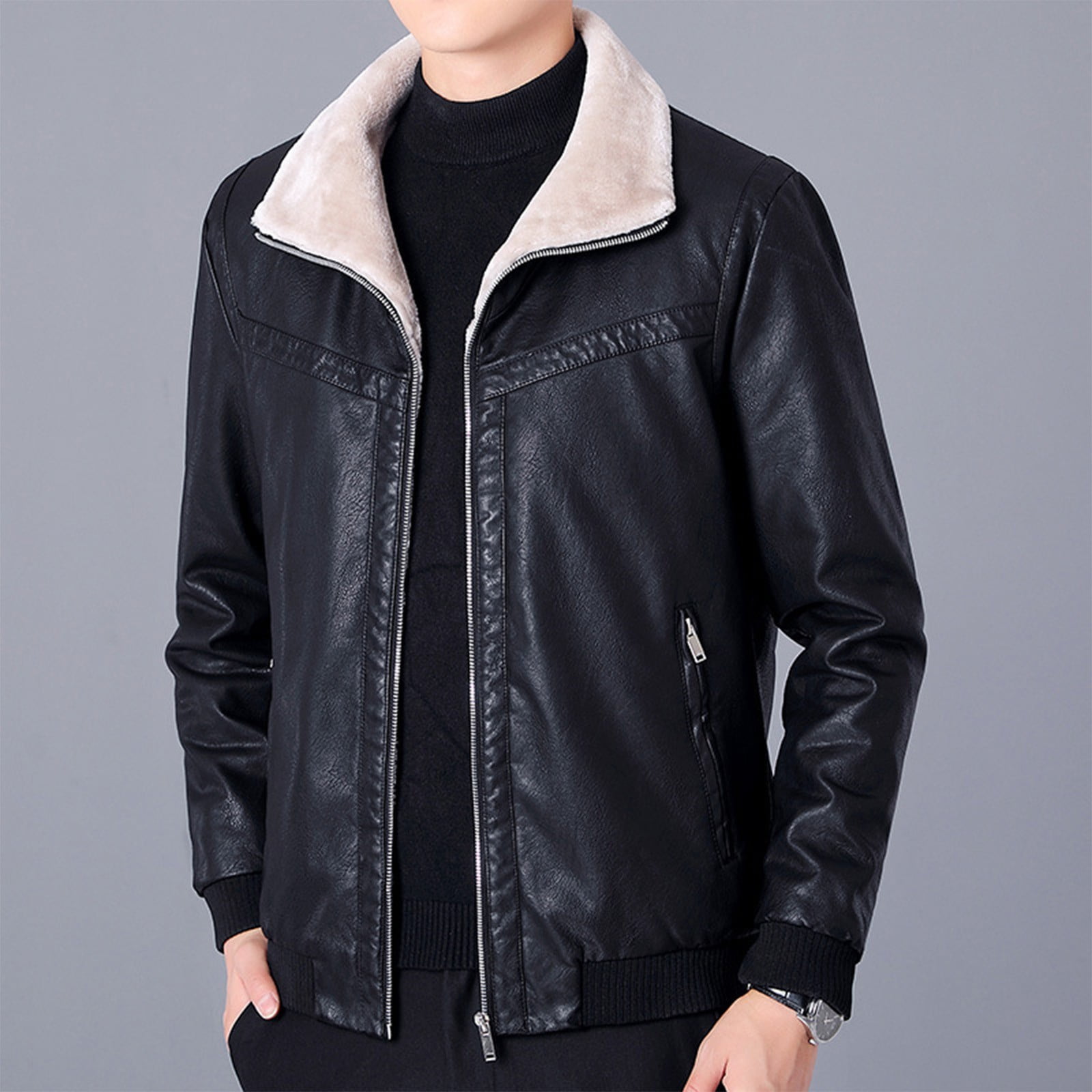 Brown Leather Jacket Men Fashion Fleece Turn-Down Collar Jacket Moto Biker Coat Retro Bomber Faux Leather Outerwear