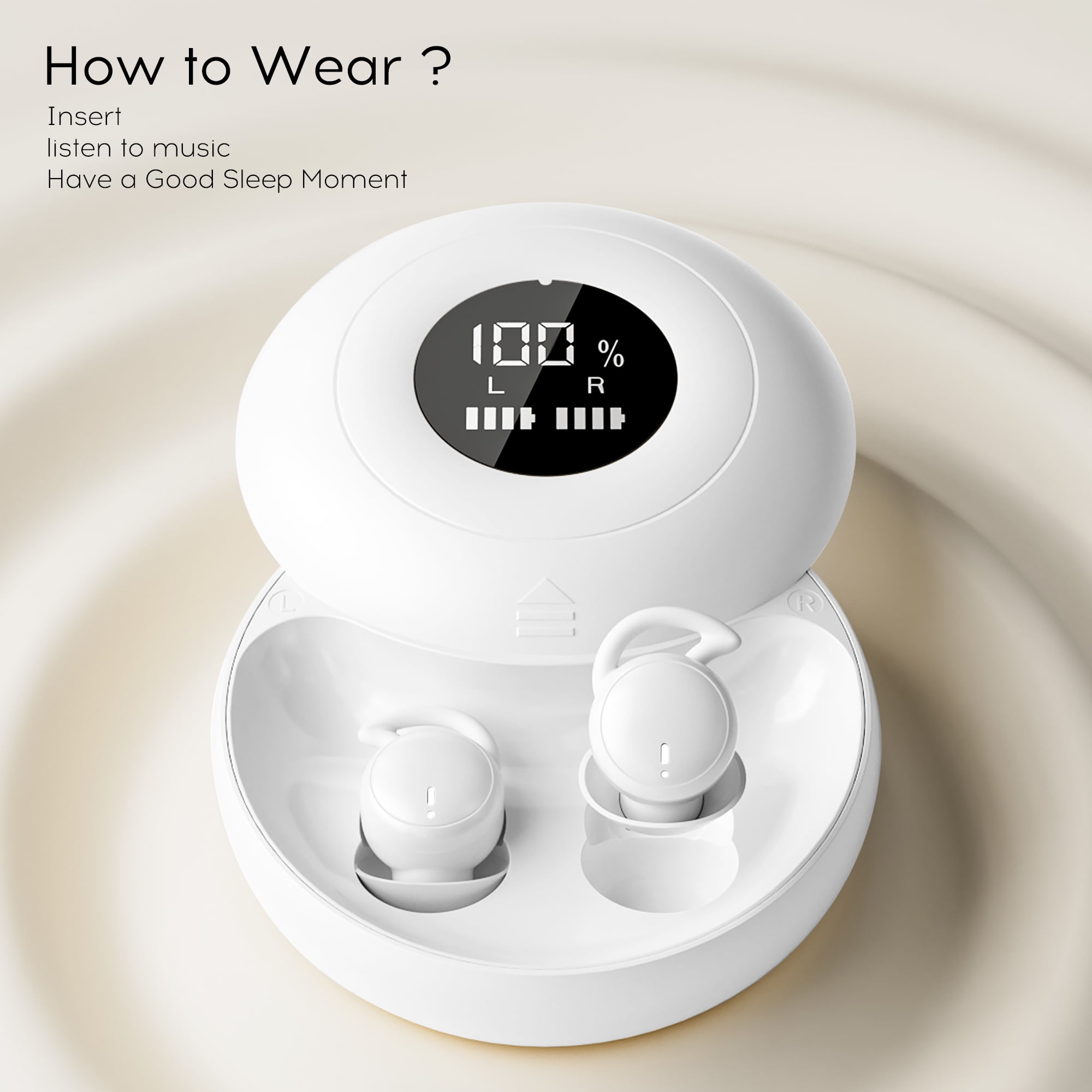 sunvito Sleep Earbuds, Mini Sleep Earbuds for Side Sleepers, 30H Playtime Wireless Headphones with LED Earphones for Small Ears Sleeping Working, Exercise,Hiking,White