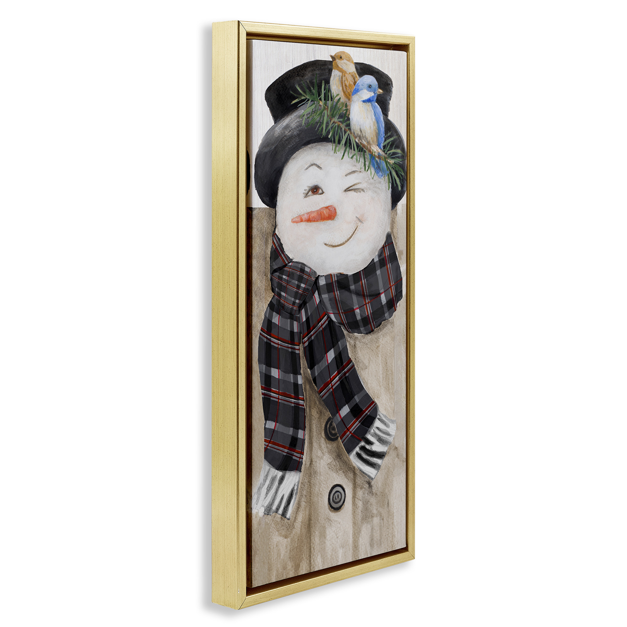 Stupell Industries Rustic Winter Snowman Wink Fairy Tales & Fantasy Painting Gold Floater Framed Canvas Art Print Wall Art, 15 x 31