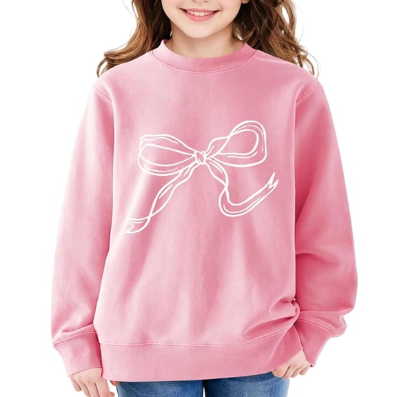 Girls Bow Print Crewneck Sweatshirt Pink Cotton Long Sleeve Pullover for Kids,Size 2-3T
