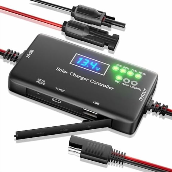 Solar Charge Controller 12V 20A, Solar Panel Charge Controller with Type-C and USB Output for Solar Panel and Gel, AGM, LiFePO₄ Battery$$Garden & Patio