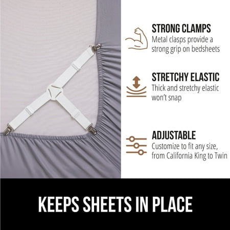 Gorilla Grip Bed Sheet Straps, Adjustable Elastic Fasteners with Metal Clips, Keep in Place Fitted Bedding Holder, 4 Pack White