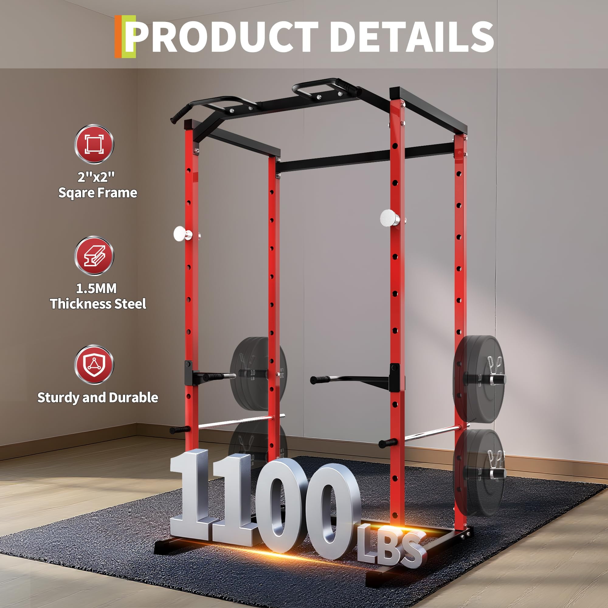 Accreate Heavy Duty Squat Rack Power Cage, Strength Training Power Cages for Home Gym, 1100 LB Capacity Power Rack with Pull-Up Bar, Dip Bars, Adjustable Safety Spotters, J-Hooks, Plate Storage