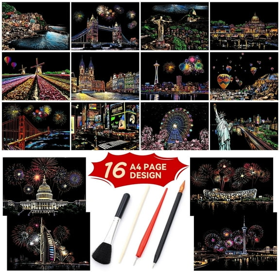 BSHAPPLUS® 16 Sheet Scratch Art Set,A4 Scratch Art Rainbow Painting Paper with Tools  for Kids & Adults,Scratch and Sketch Foil Engraving Art Set for DIY Arts and Crafts Kits Christmas Birthday Gift